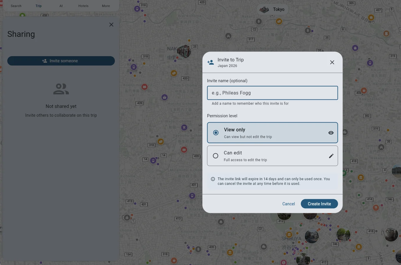 Sharing a trip on Tripomatic trip planner